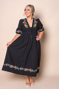 Velvette Embroidered Midi Dress in Black