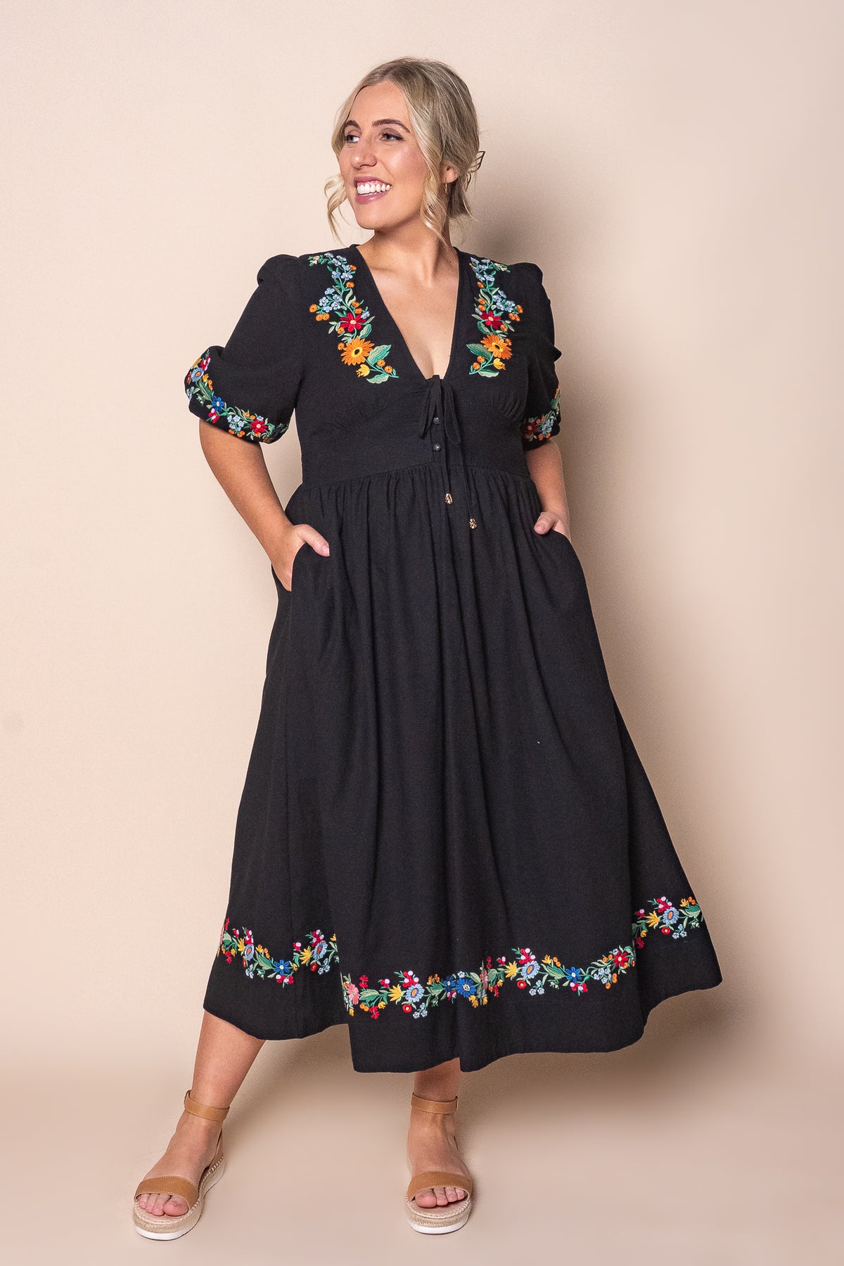Velvette Embroidered Midi Dress in Black