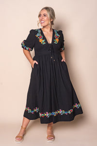 Velvette Embroidered Midi Dress in Black