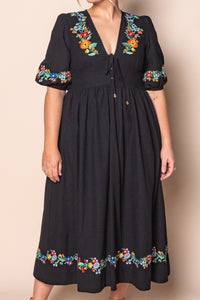 Velvette Embroidered Midi Dress in Black