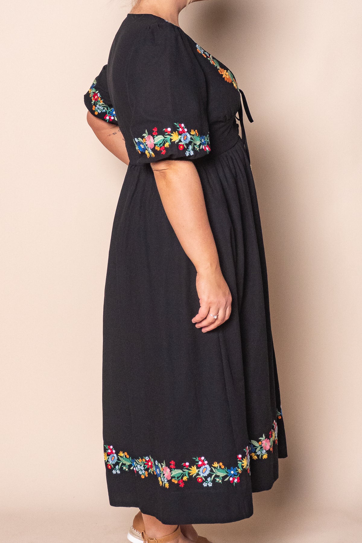 Velvette Embroidered Midi Dress in Black