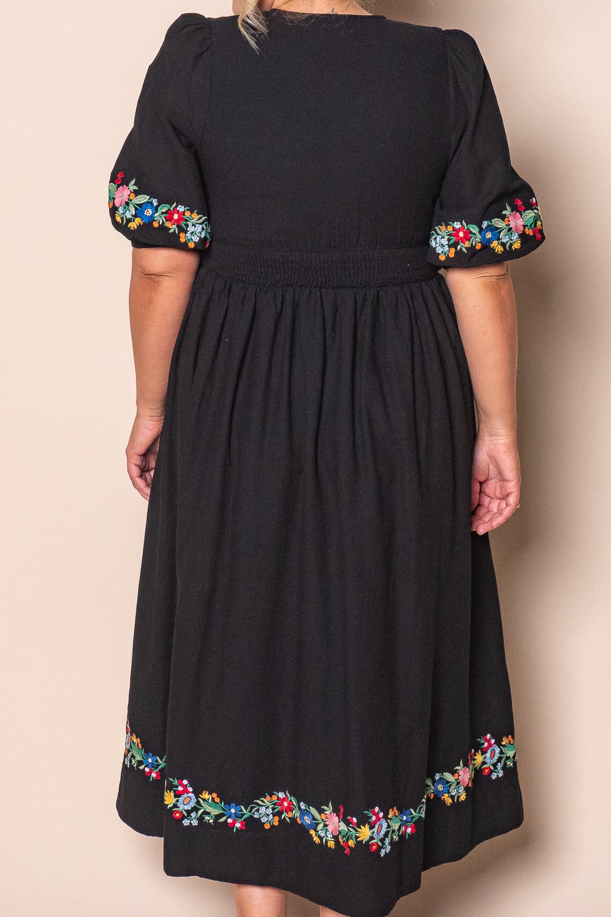 Velvette Embroidered Midi Dress in Black