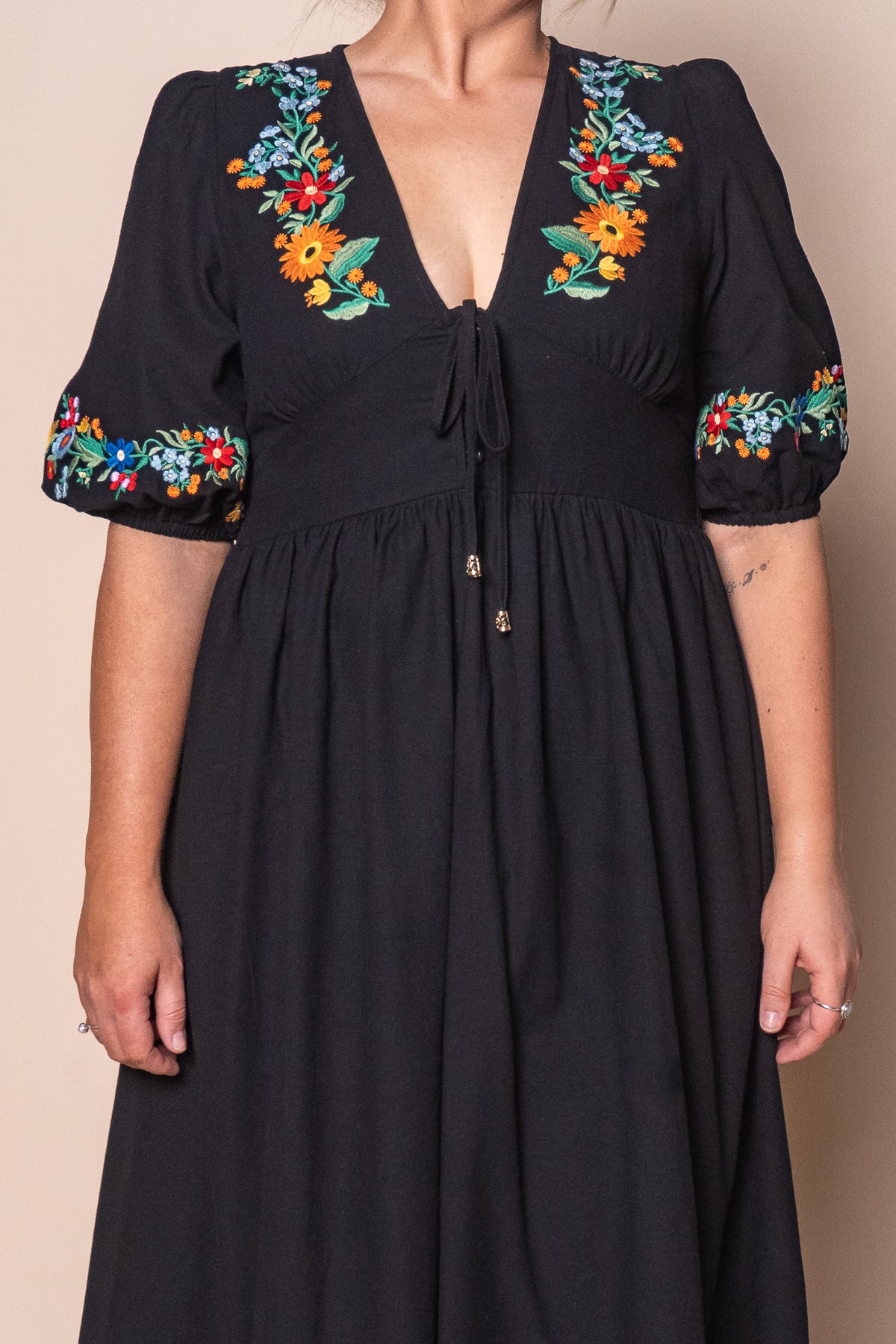 Velvette Embroidered Midi Dress in Black