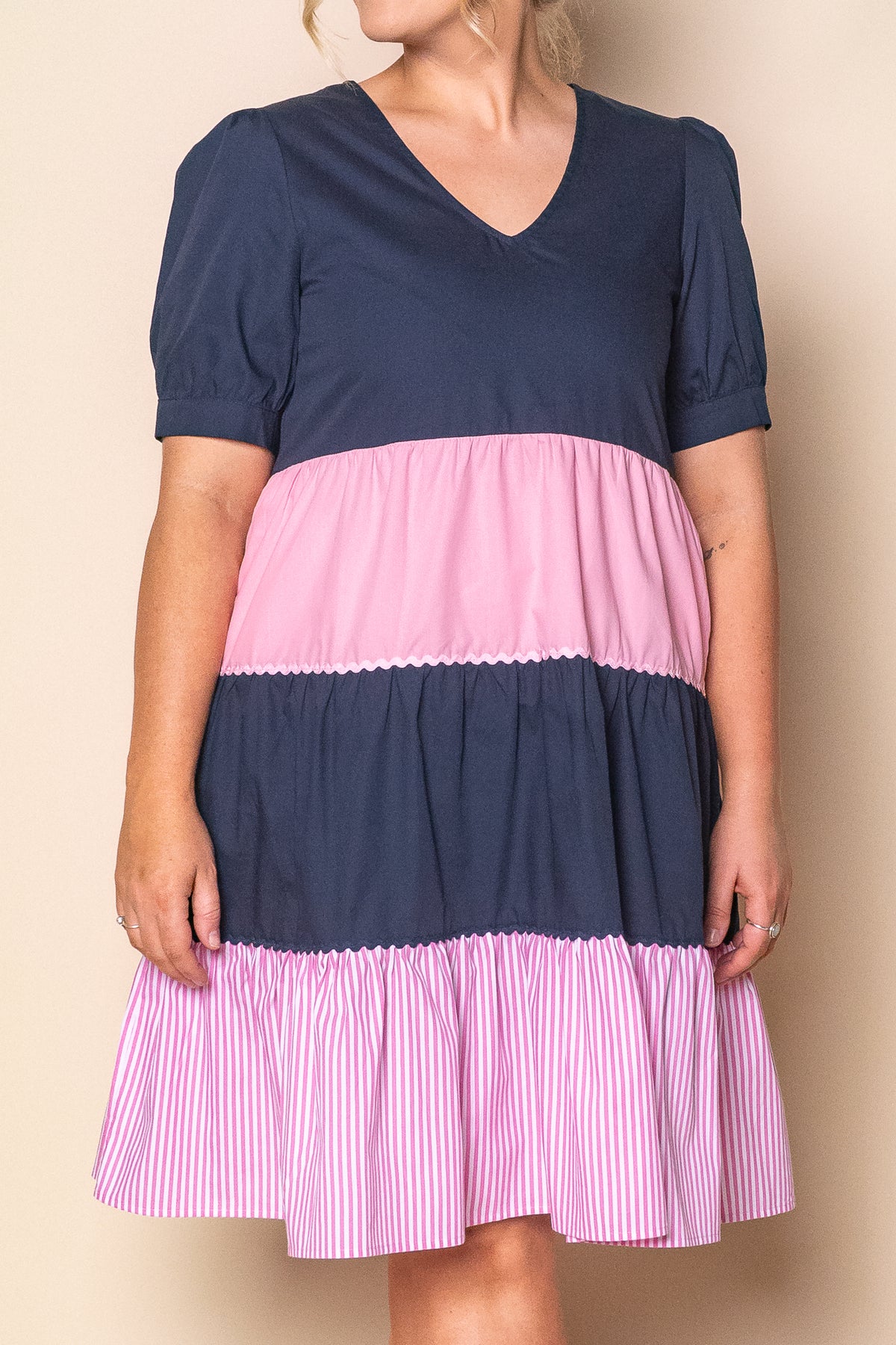 Emily Panelled Dress in Navy/Pink