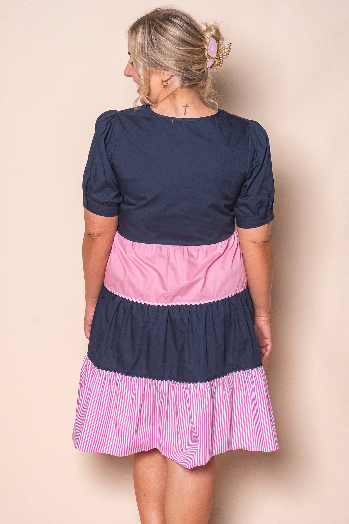 Emily Panelled Dress in Navy/Pink