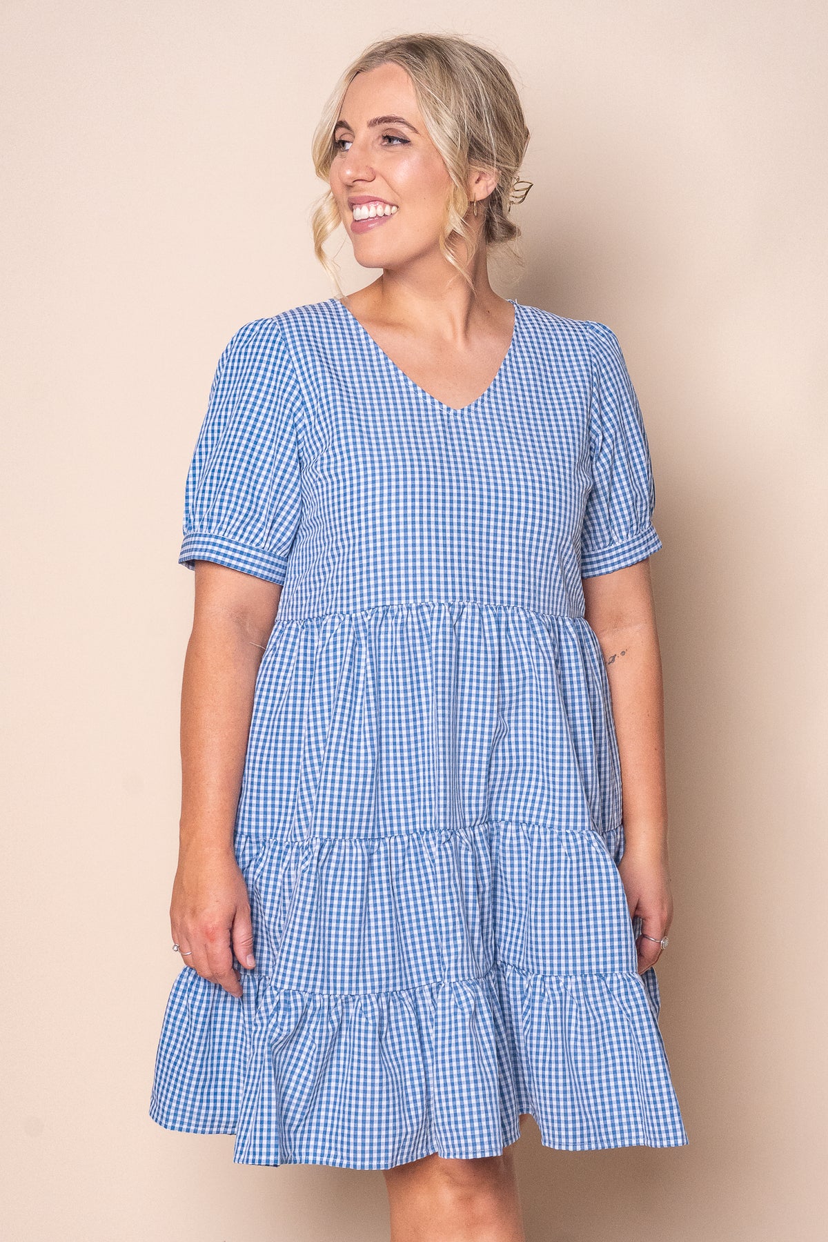 Yansi Gingham Dress in Mid Blue