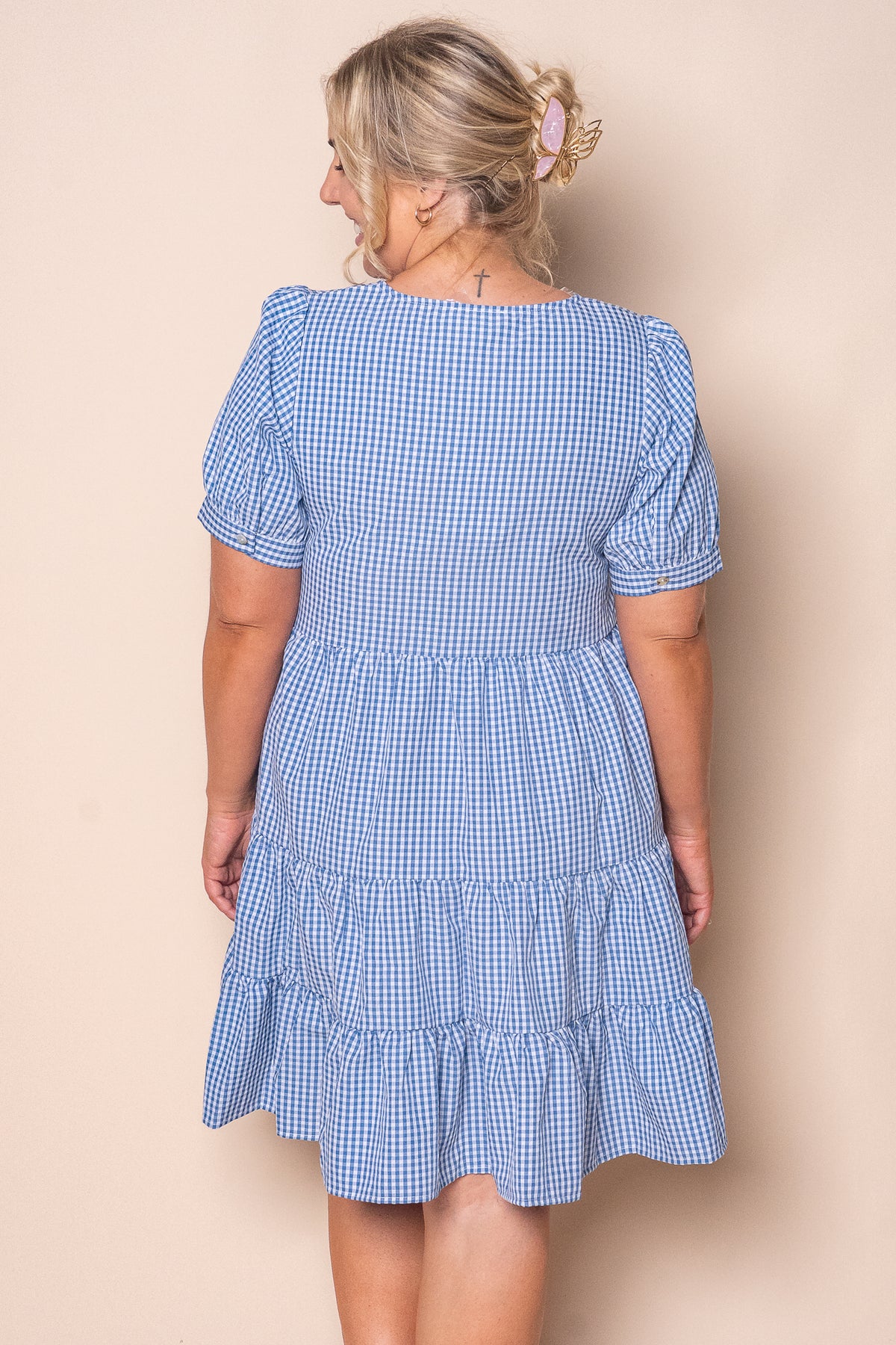 Yansi Gingham Dress in Mid Blue