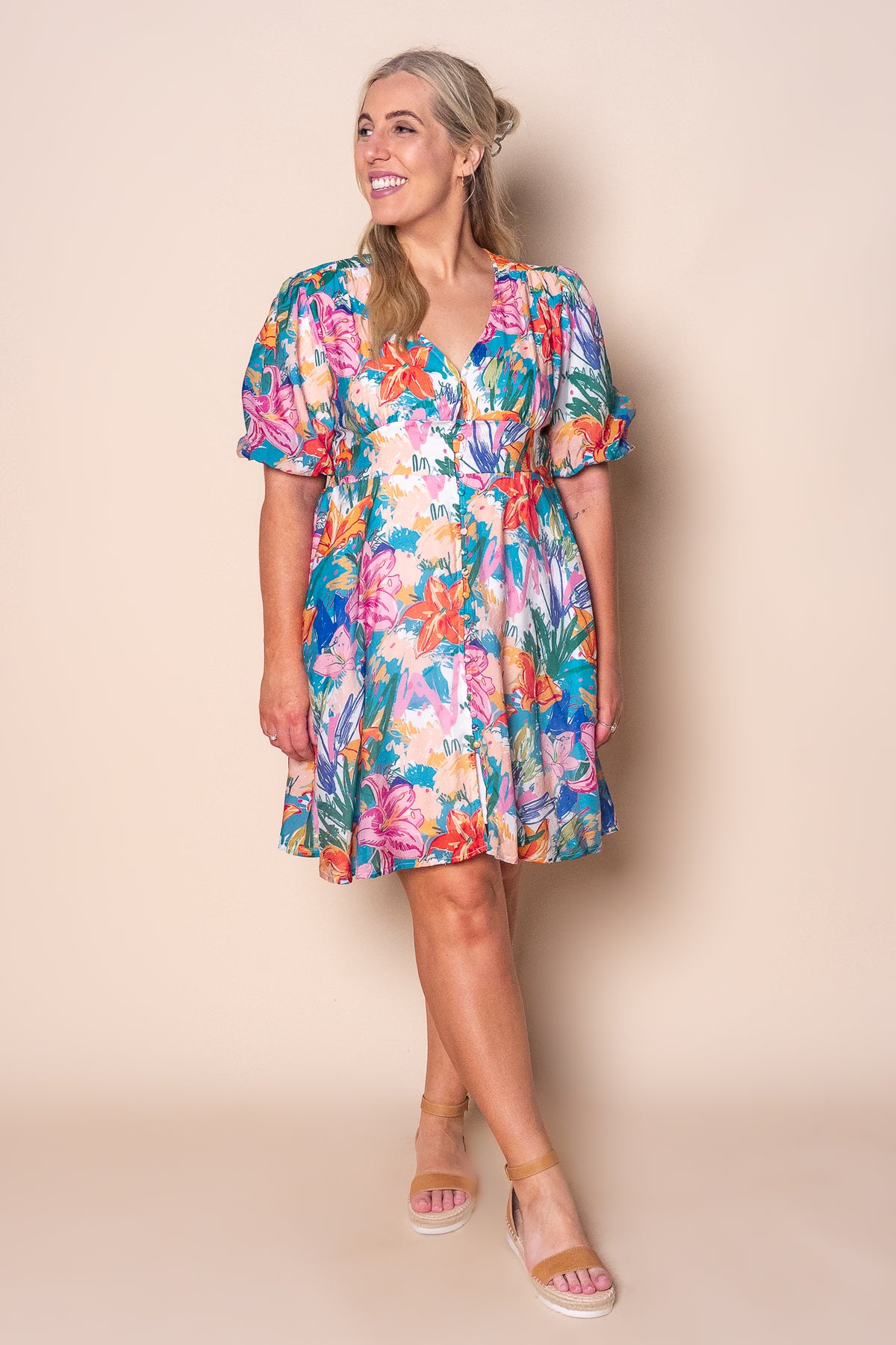Hayley Floral Artistic Dress in Blue Multi