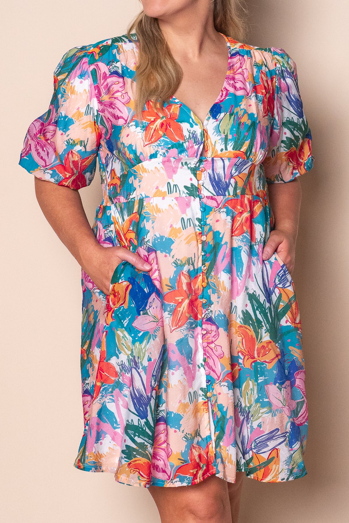 Hayley Floral Artistic Dress in Blue Multi