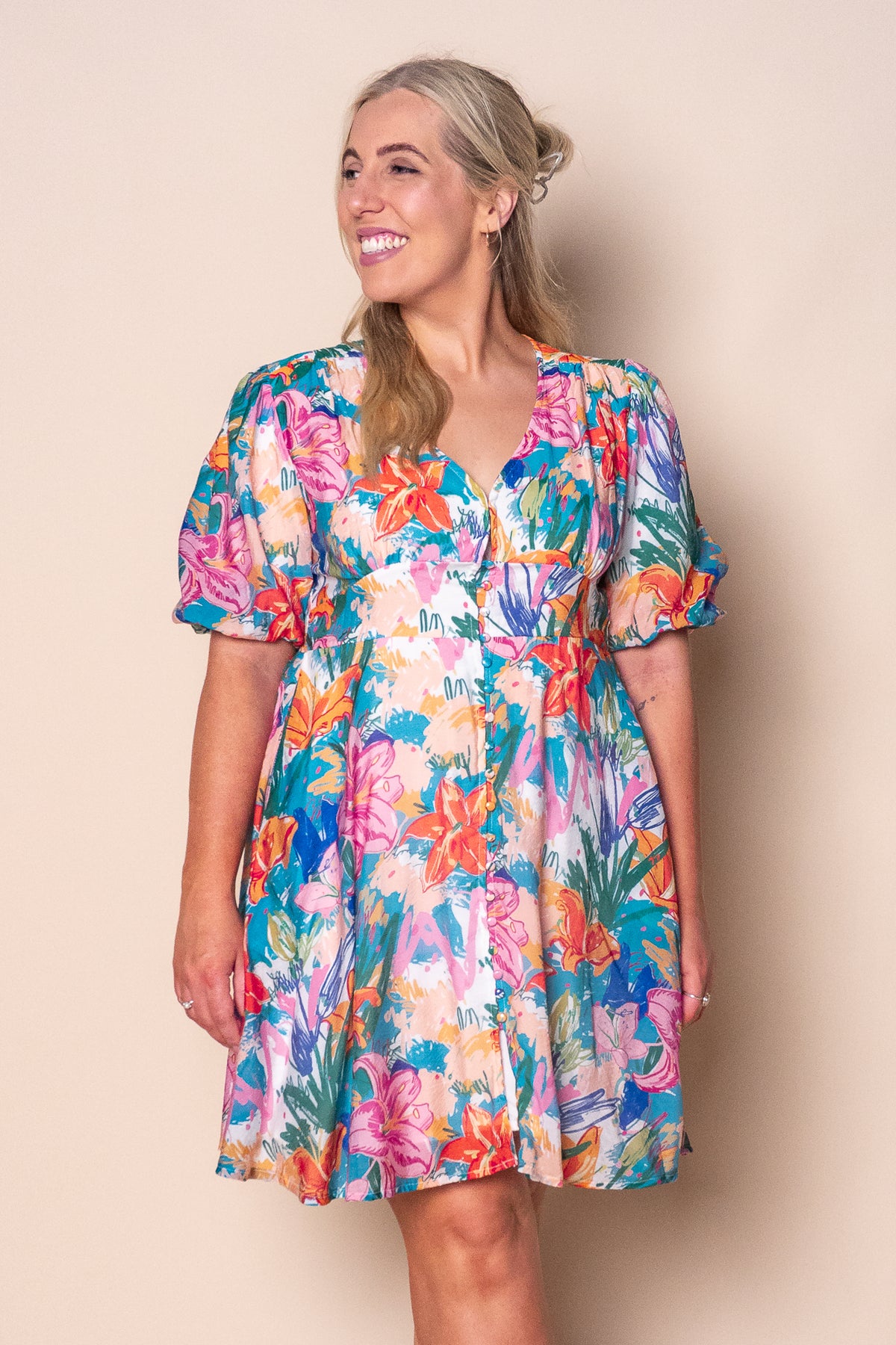 Hayley Floral Artistic Dress in Blue Multi