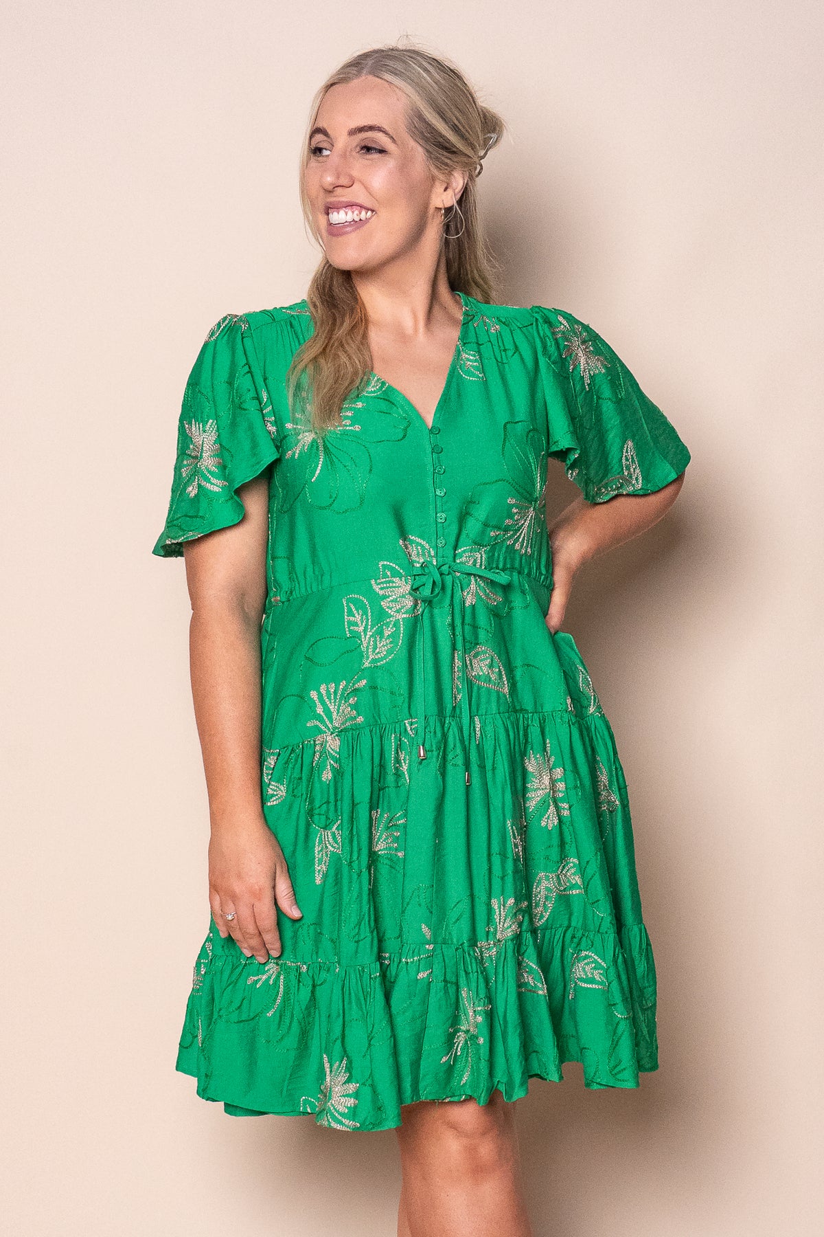 Rococo Floral Embroidery Dress in Green