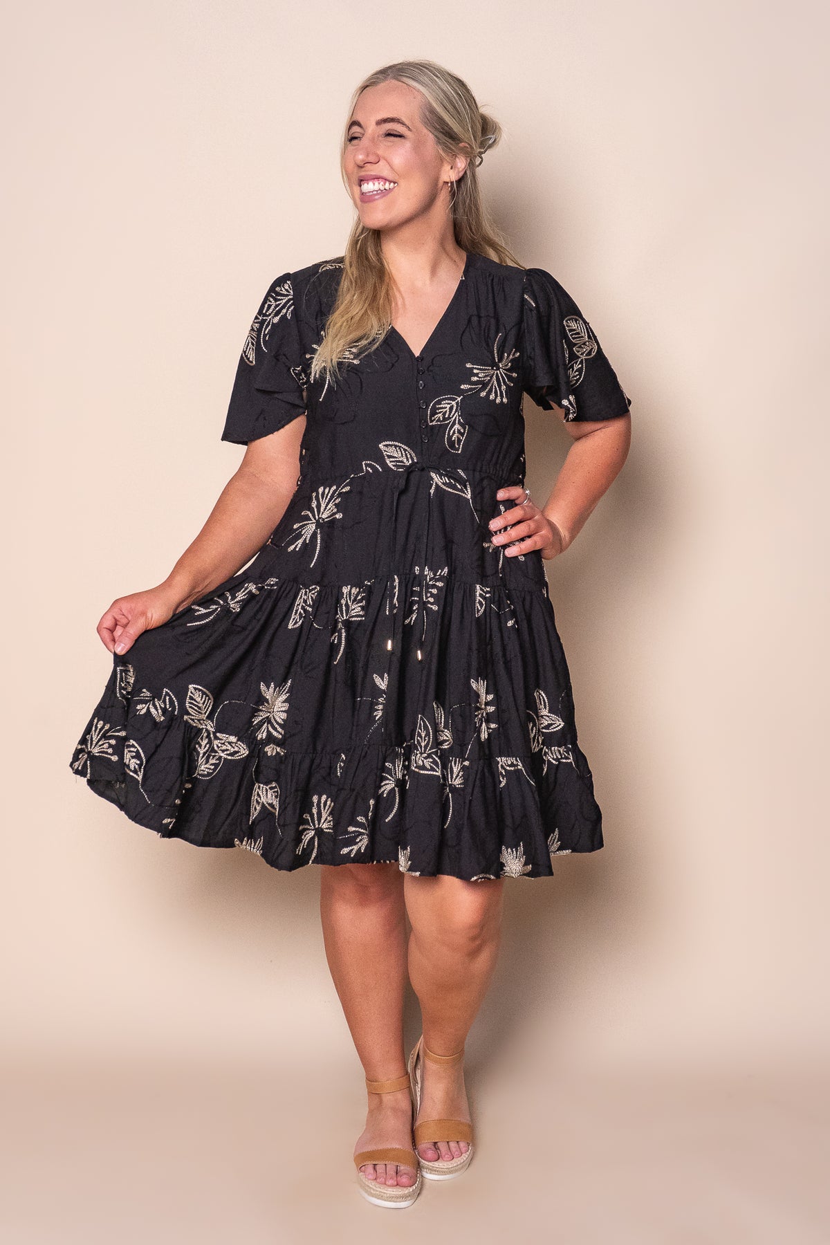 Rococo Floral Embroidery Dress in Black