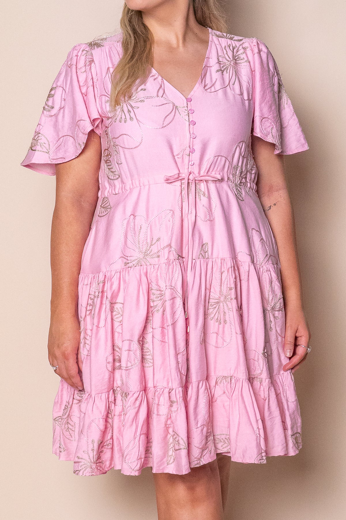 Rococo Floral Embroidery Dress in Pink