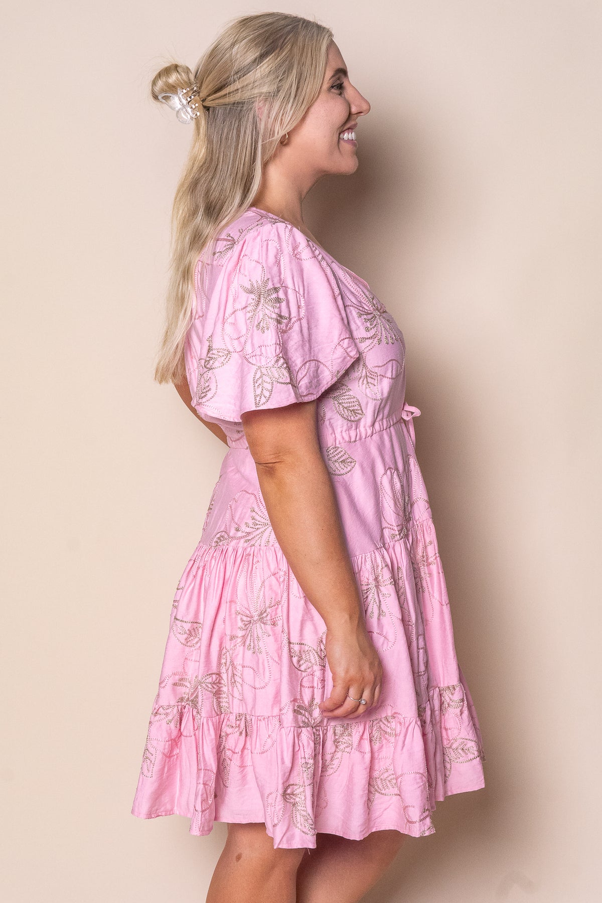Rococo Floral Embroidery Dress in Pink