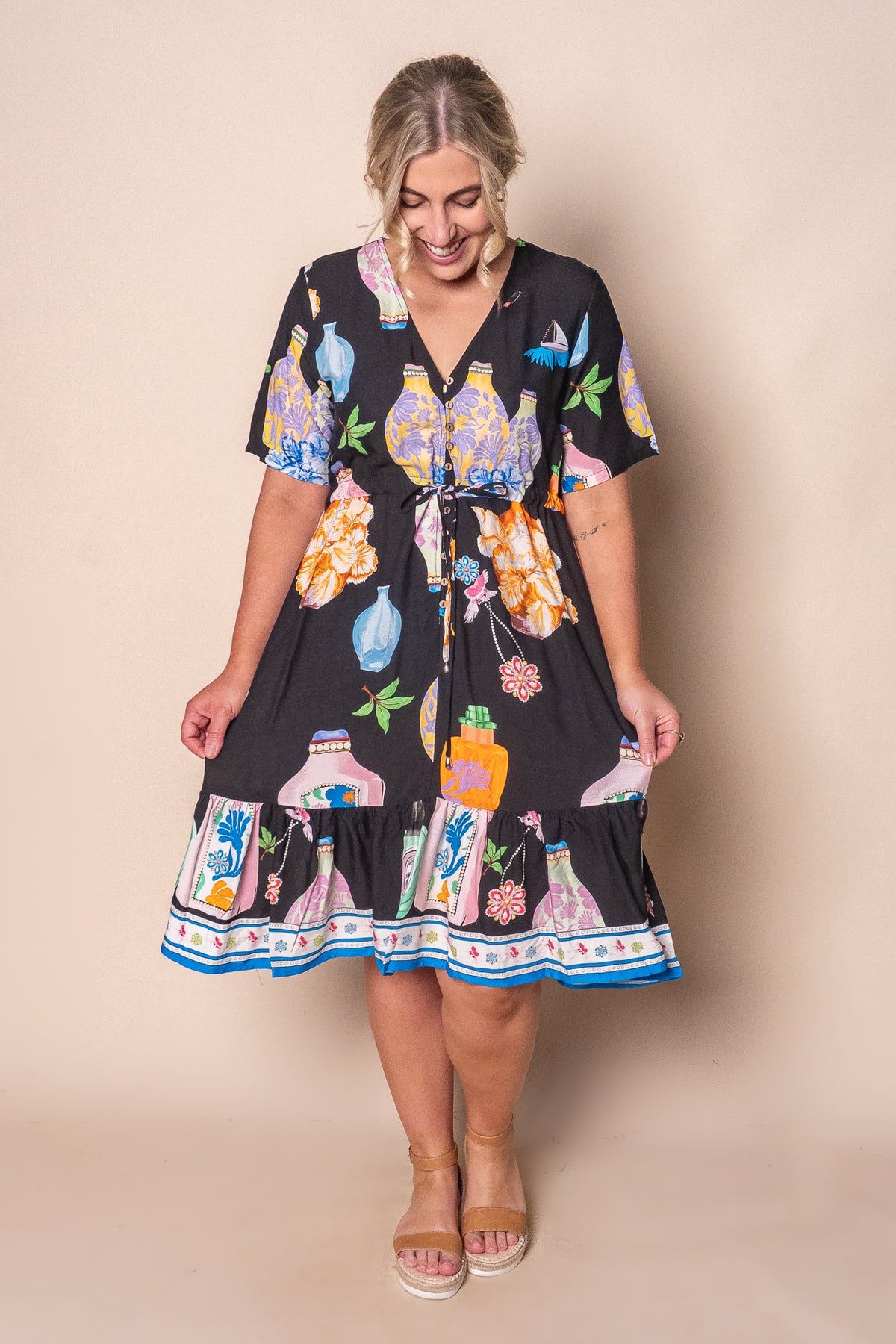 Gertie Art Print Dress in Black