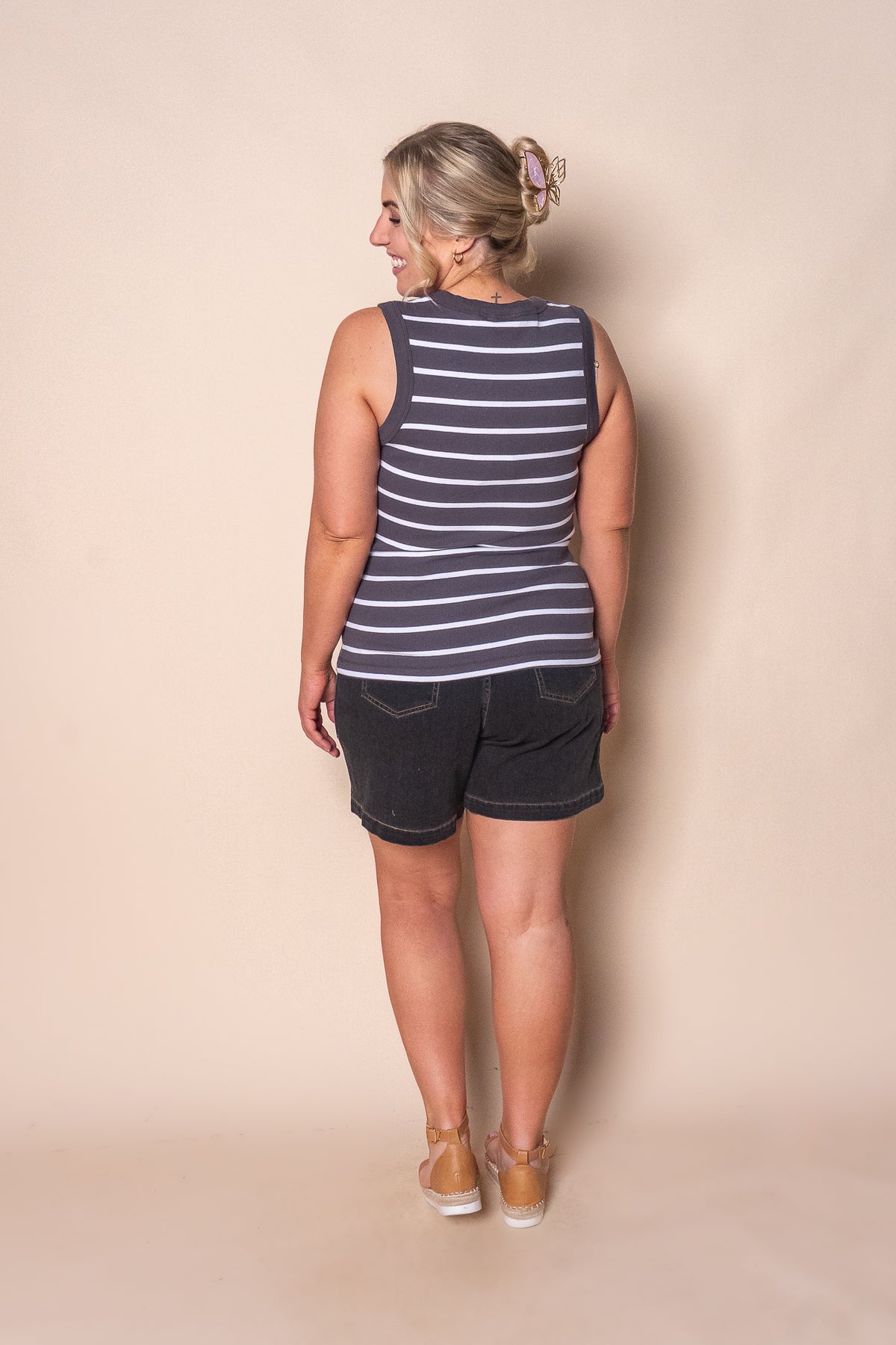 Iris Stripe Tank in Charcoal & White Stripe - Foxwood