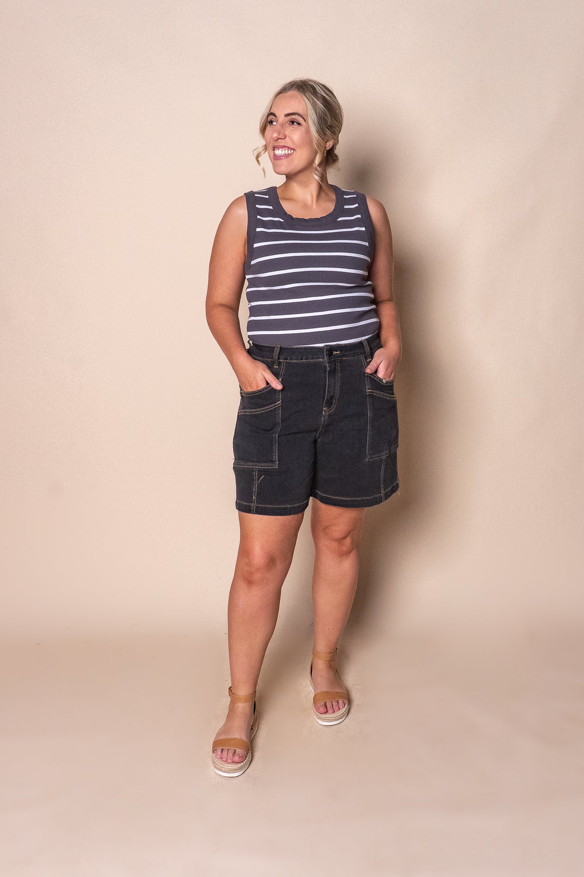 Iris Stripe Tank in Charcoal & White Stripe - Foxwood