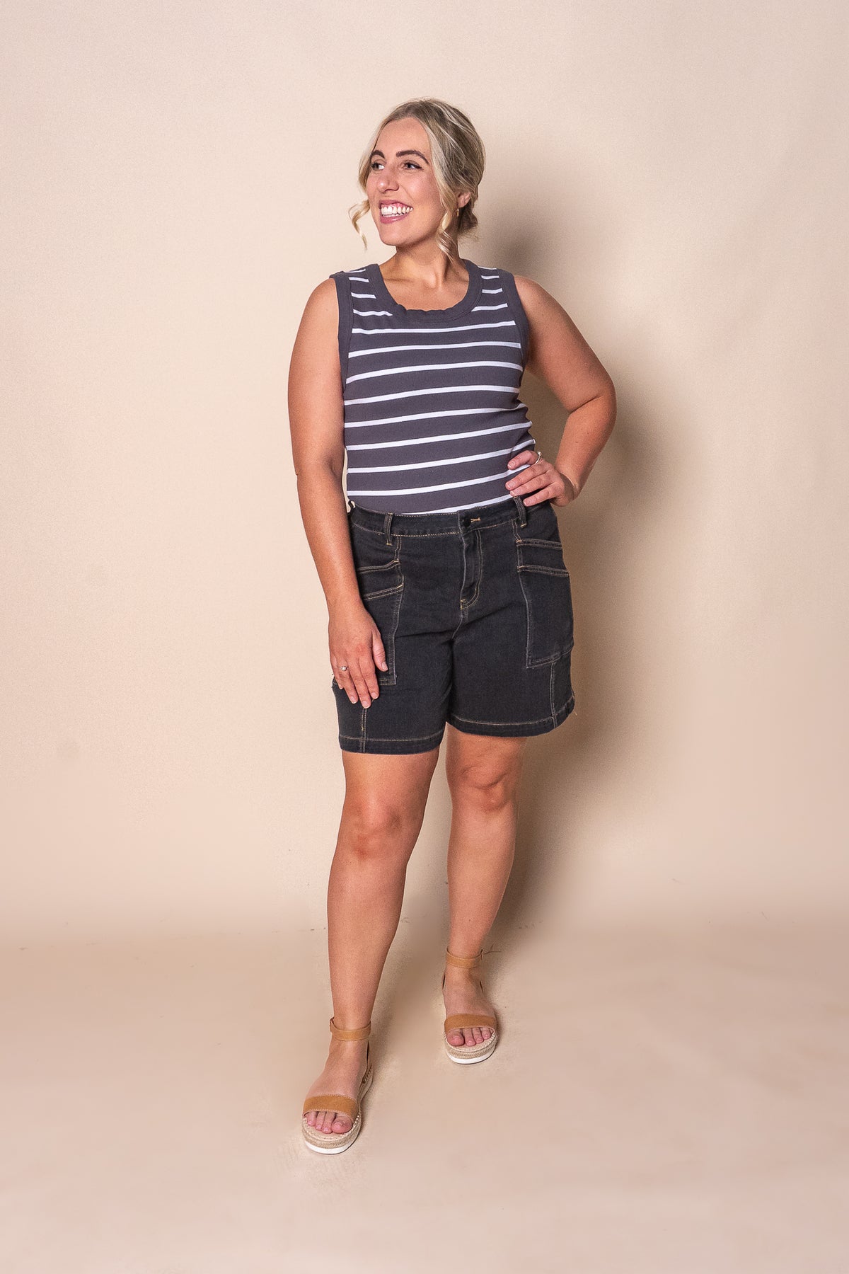 Iris Stripe Tank in Charcoal & White Stripe - Foxwood