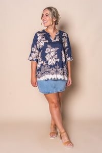 Mable Floral Border Top in Navy