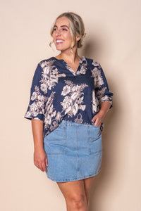 Mable Floral Border Top in Navy