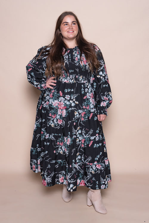 Nella Floral Midi Dress in Black