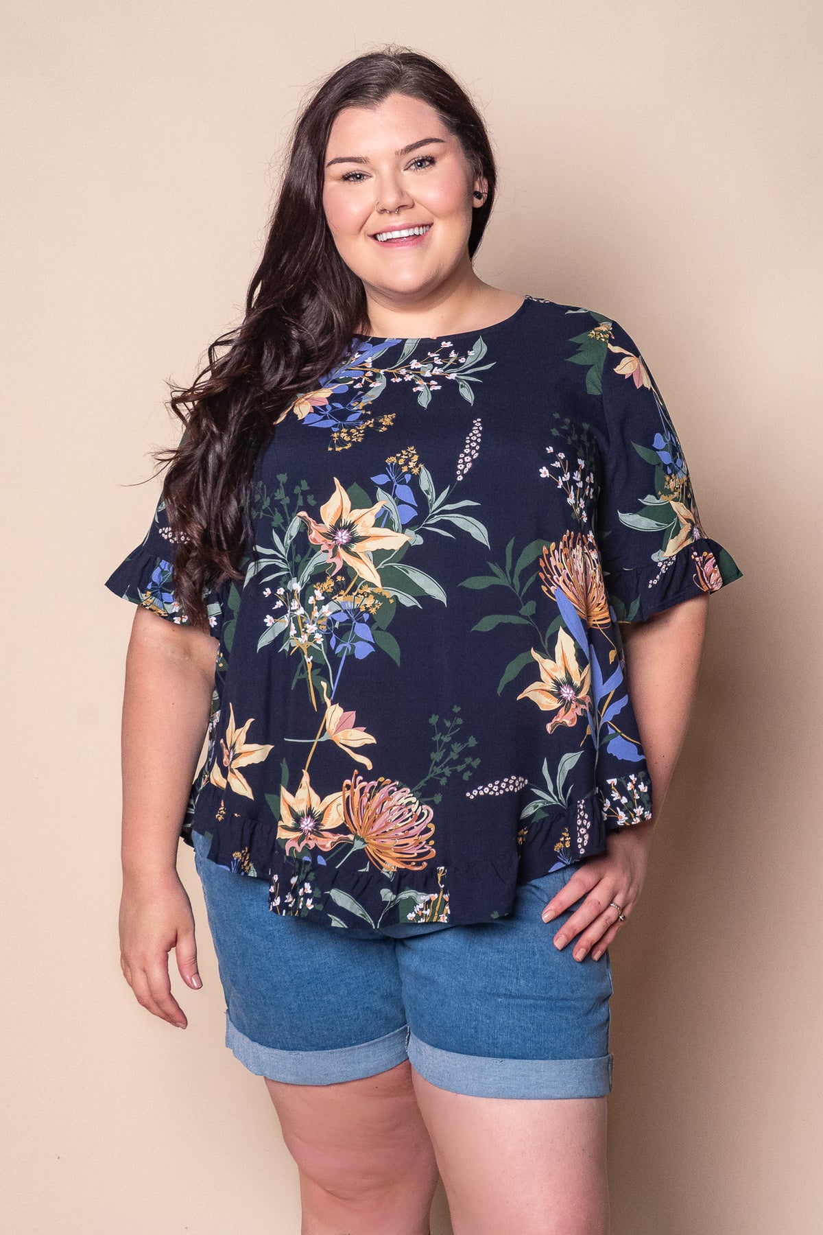 Danica S/S Floral Top in Navy