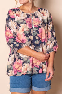 Tonia Floral Top in Deep Navy