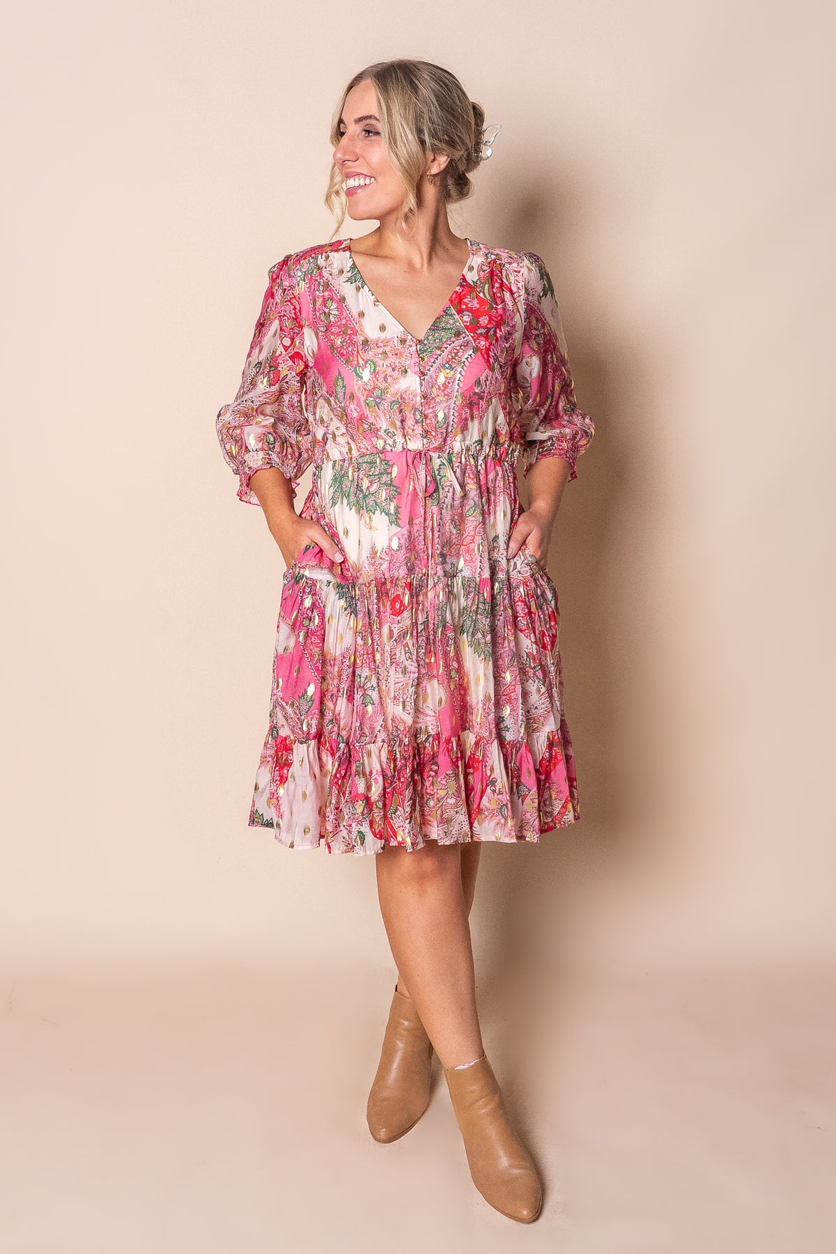 Philomena Gold Metallic Floral Dress in Pink