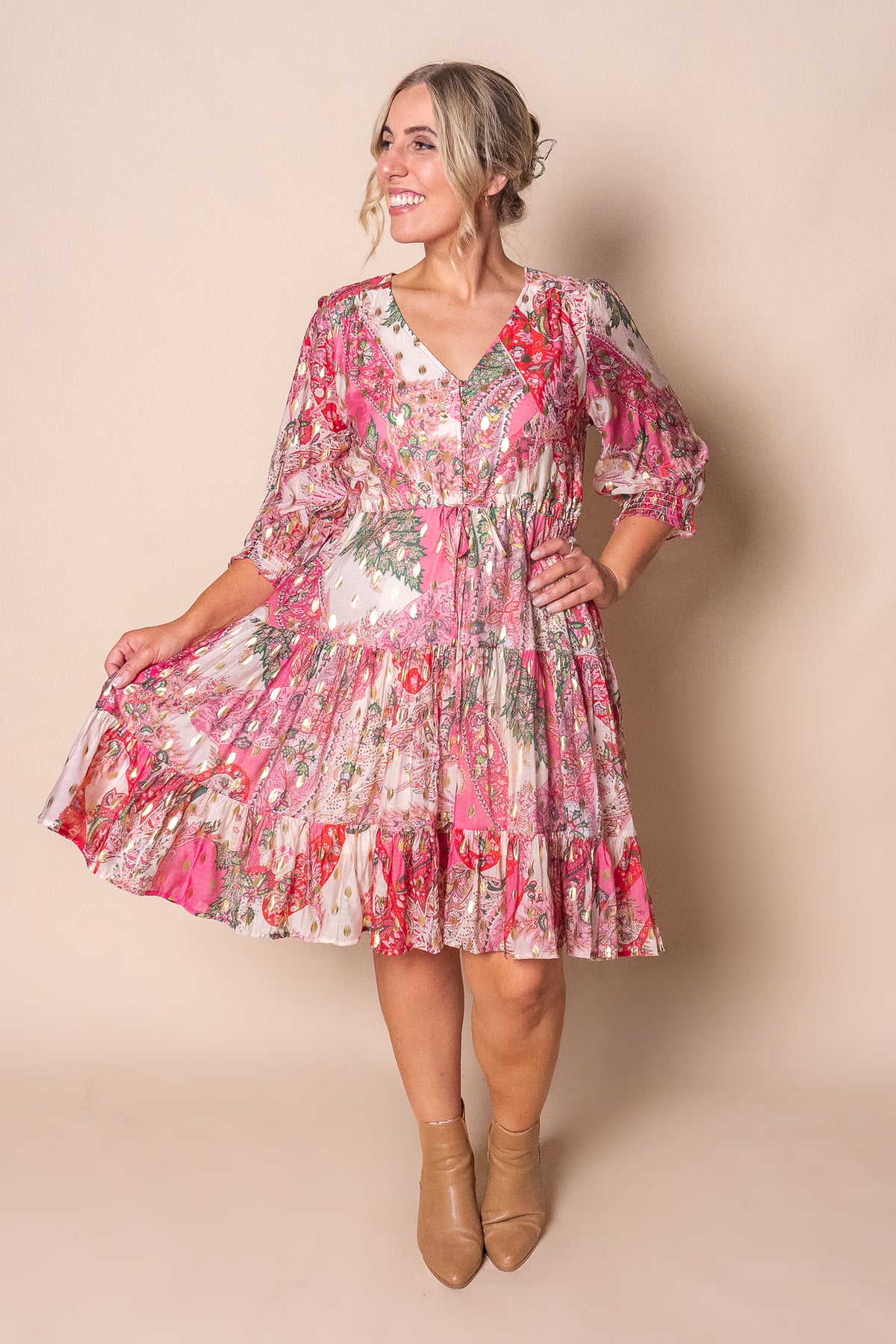 Philomena Gold Metallic Floral Dress in Pink