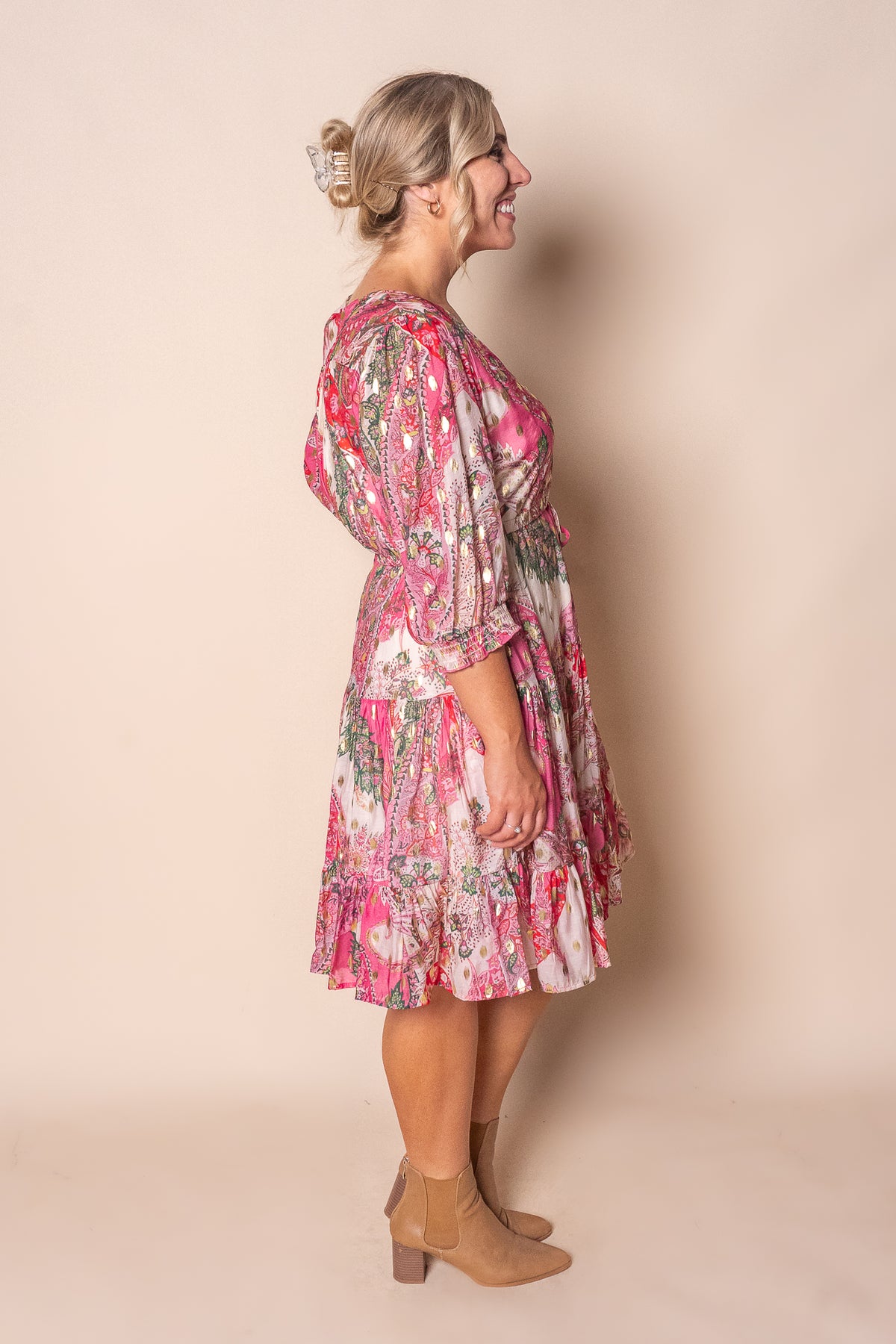 Philomena Gold Metallic Floral Dress in Pink