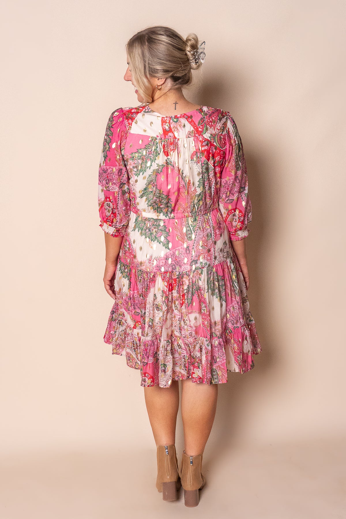 Philomena Gold Metallic Floral Dress in Pink