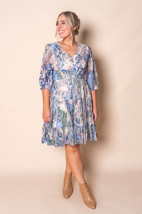 Philomena Gold Metallic Floral Dress in Blue