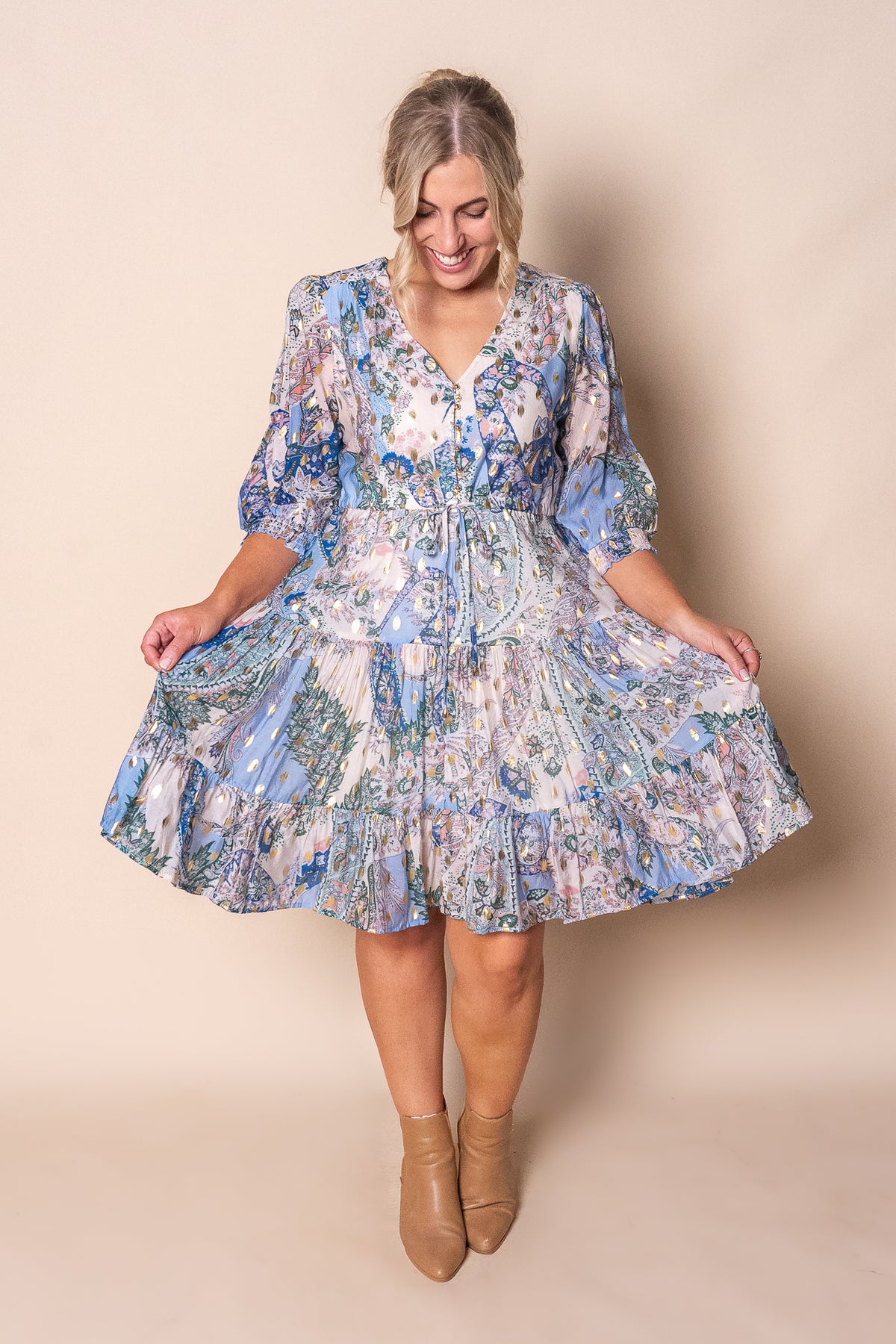 Philomena Gold Metallic Floral Dress in Blue