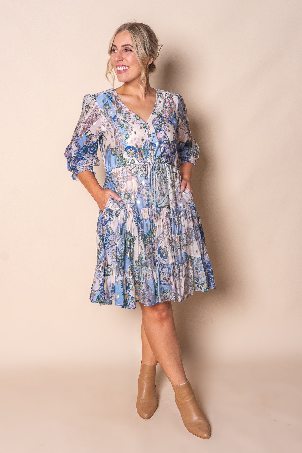 Philomena Gold Metallic Floral Dress in Blue