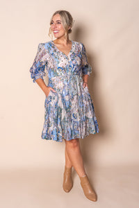 Philomena Gold Metallic Floral Dress in Blue
