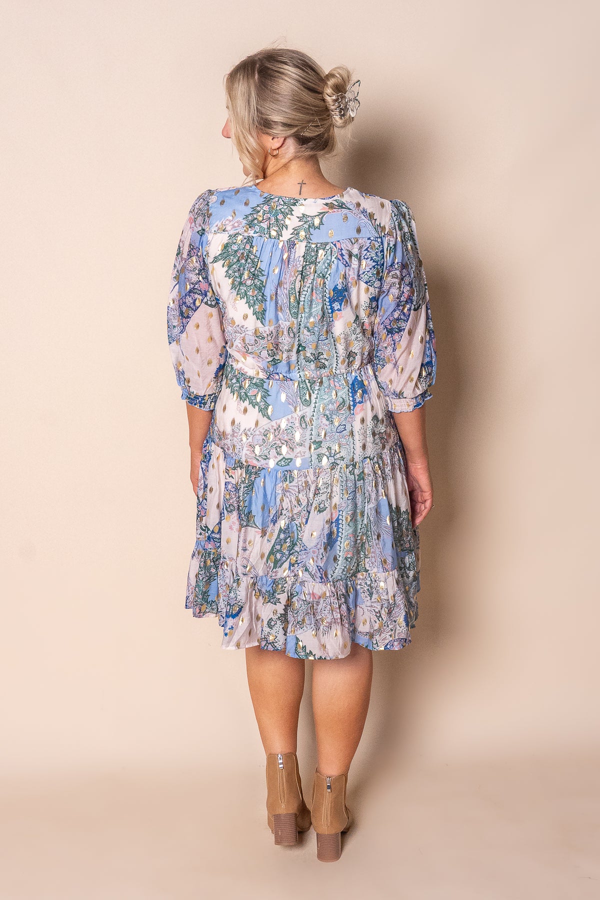 Philomena Gold Metallic Floral Dress in Blue