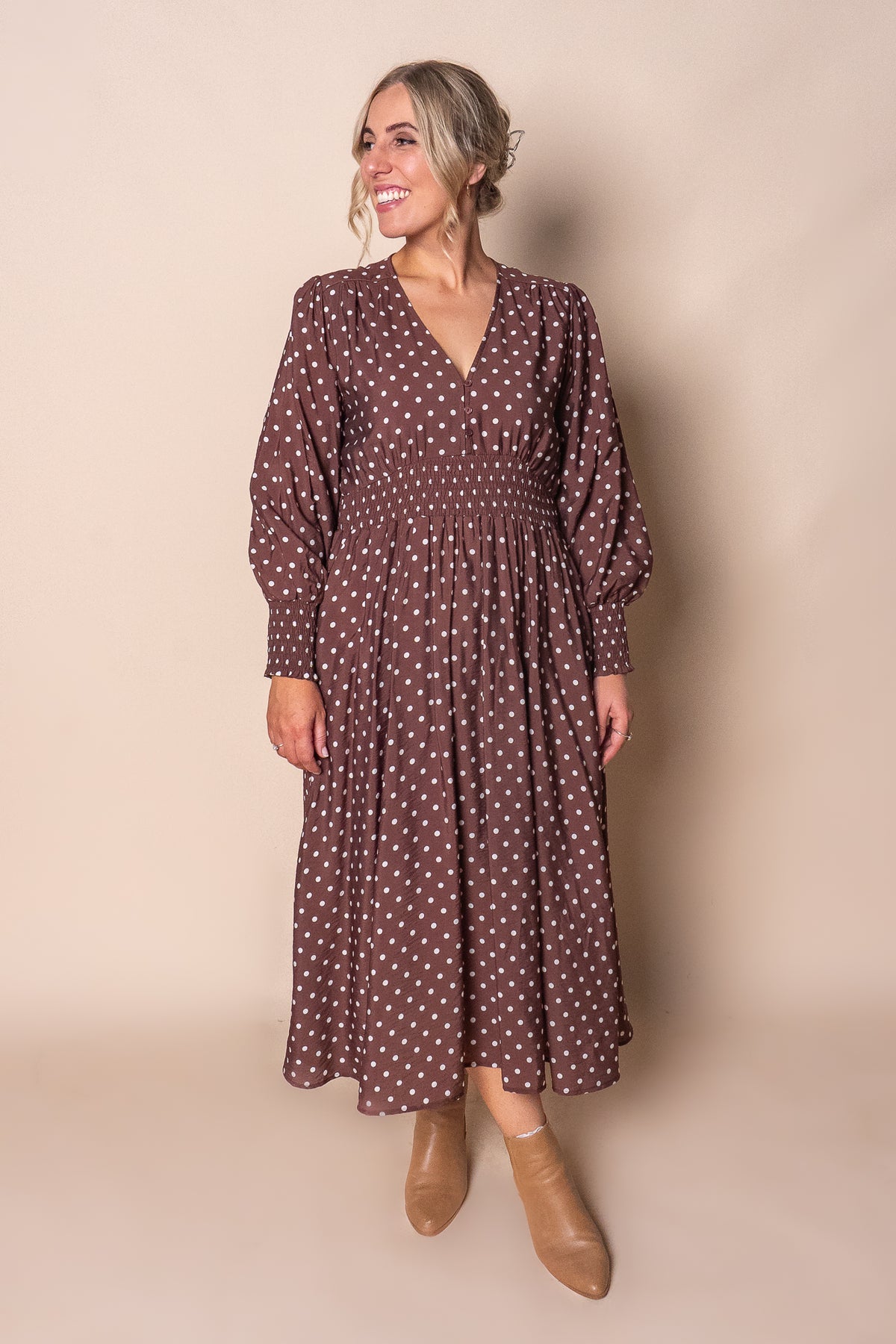 Eleanor Polka Dot Midi Dress in Chocolate