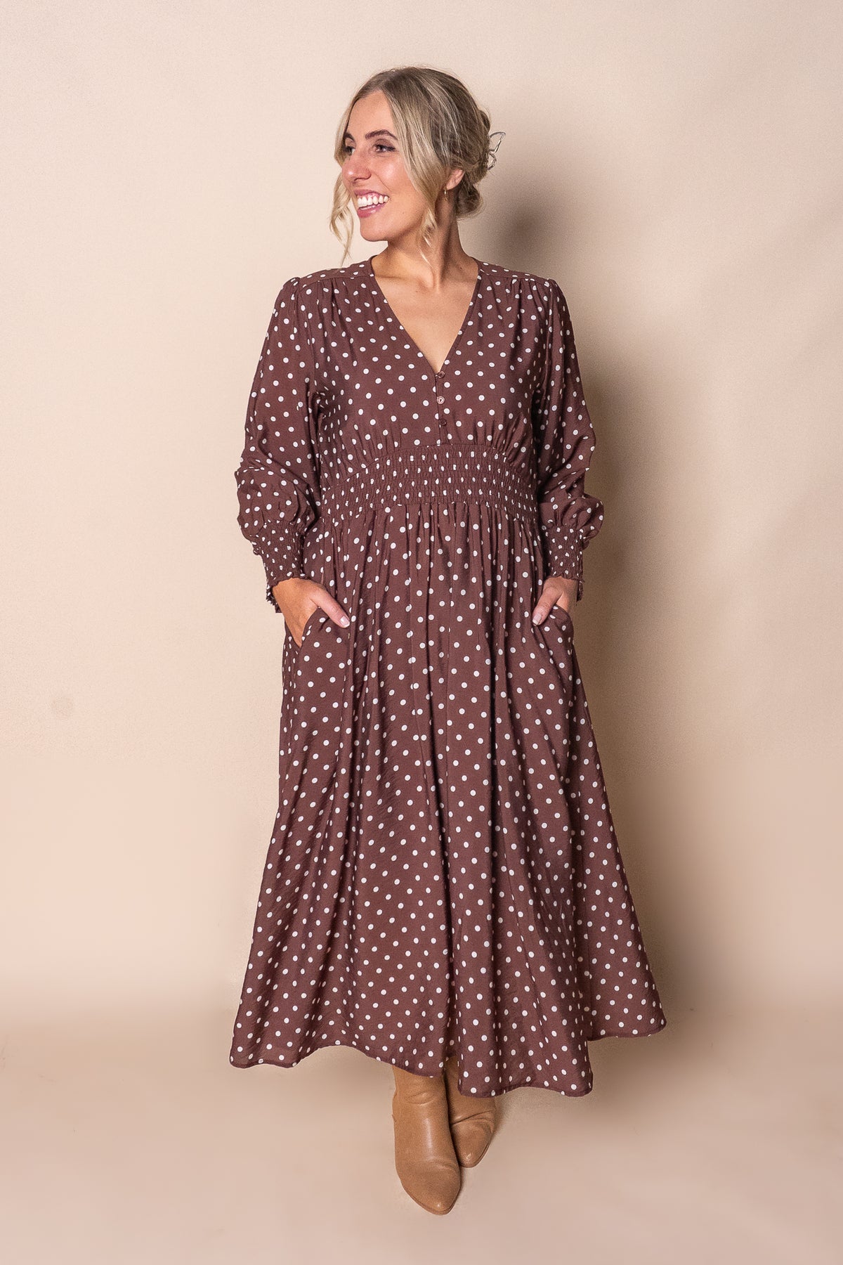 Eleanor Polka Dot Midi Dress in Chocolate