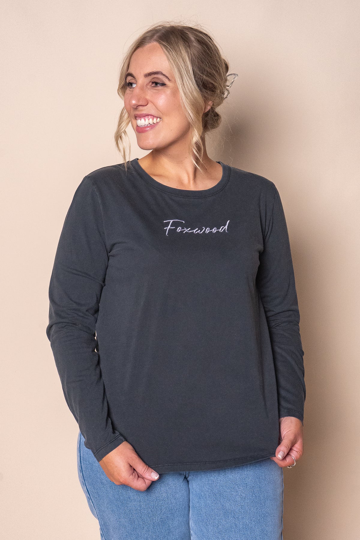 Signature L/S Tee in Washed Black - Foxwood