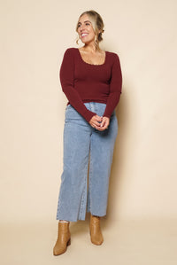 Washed Rib Scoop Neck L/S Tee in Burgundy - All About Eve