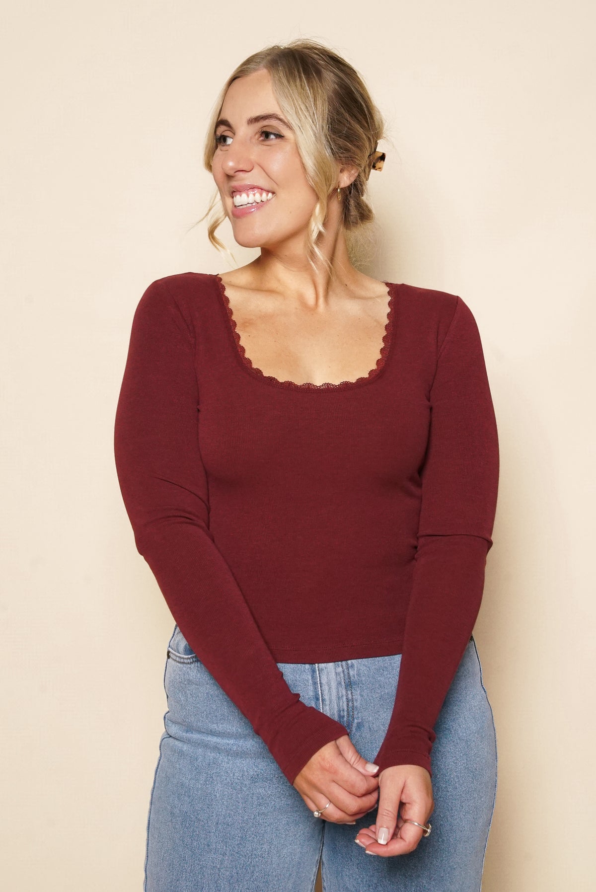 Washed Rib Scoop Neck L/S Tee in Burgundy - All About Eve