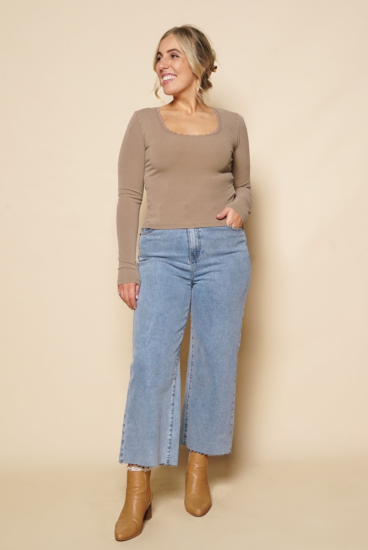 Washed Rib Scoop Neck L/S Tee in Stone - All About Eve
