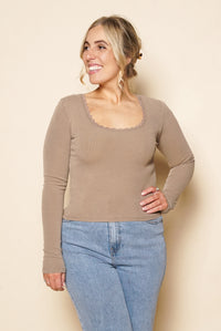 Washed Rib Scoop Neck L/S Tee in Stone - All About Eve