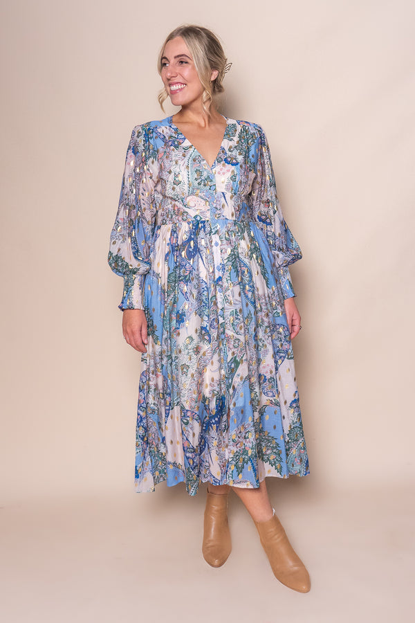 Octavii Gold Metallic Midi Dress in Blue