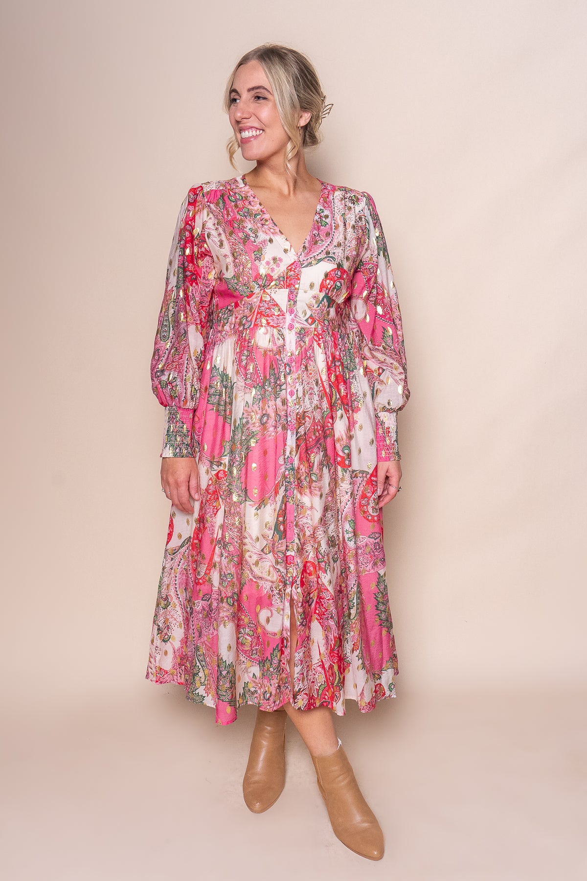 Octavii Gold Metallic Midi Dress in Pink