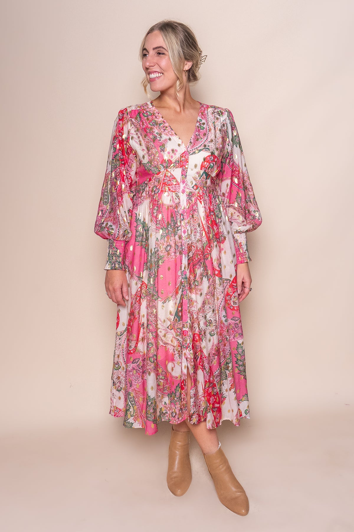 Octavii Gold Metallic Midi Dress in Pink