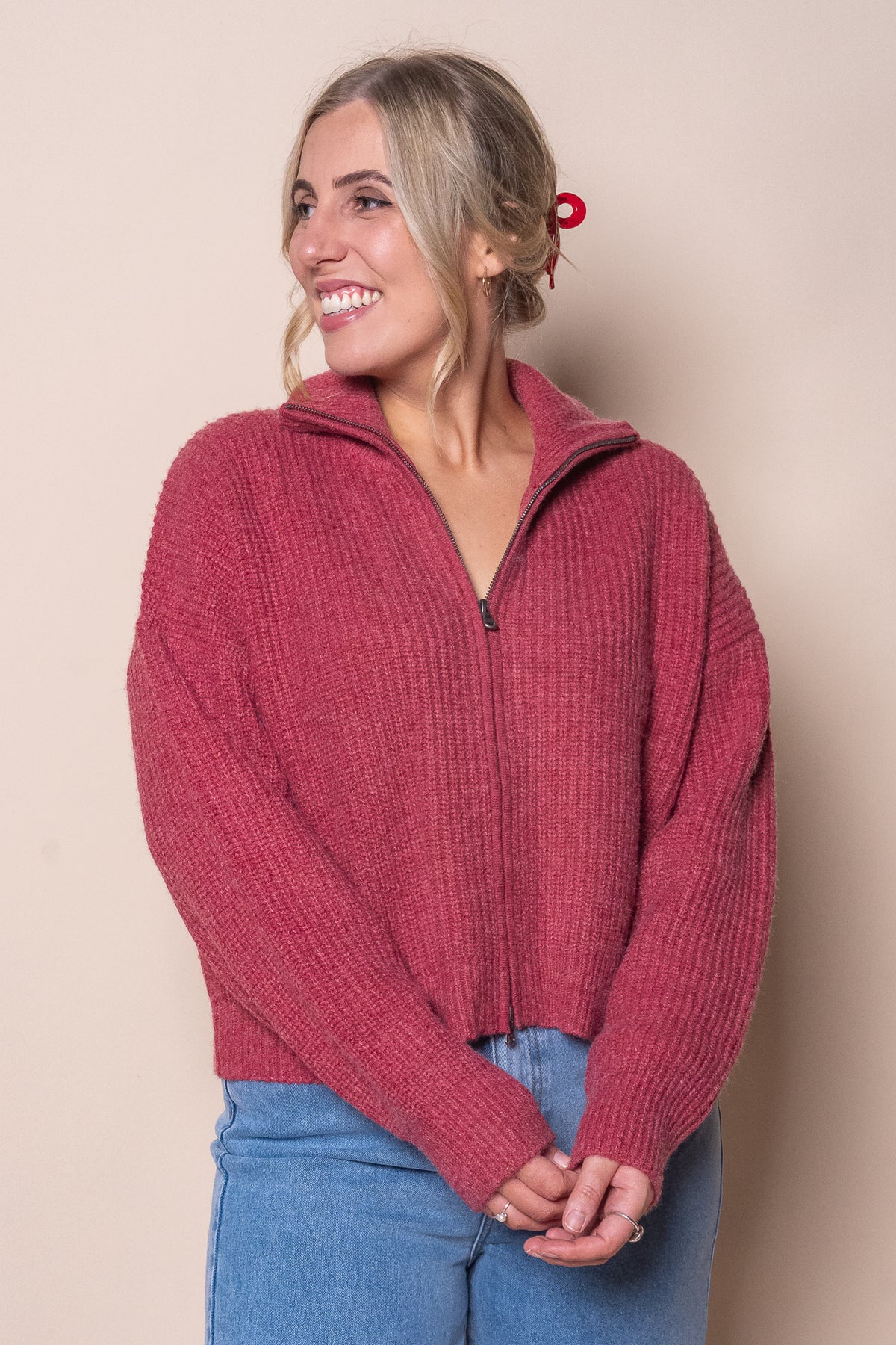 Bridie Knit Zip Through in Berry - All About Eve