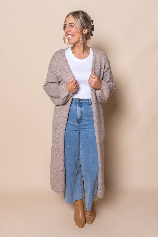 Khloe Speckled Knit Cardigan in Taupe