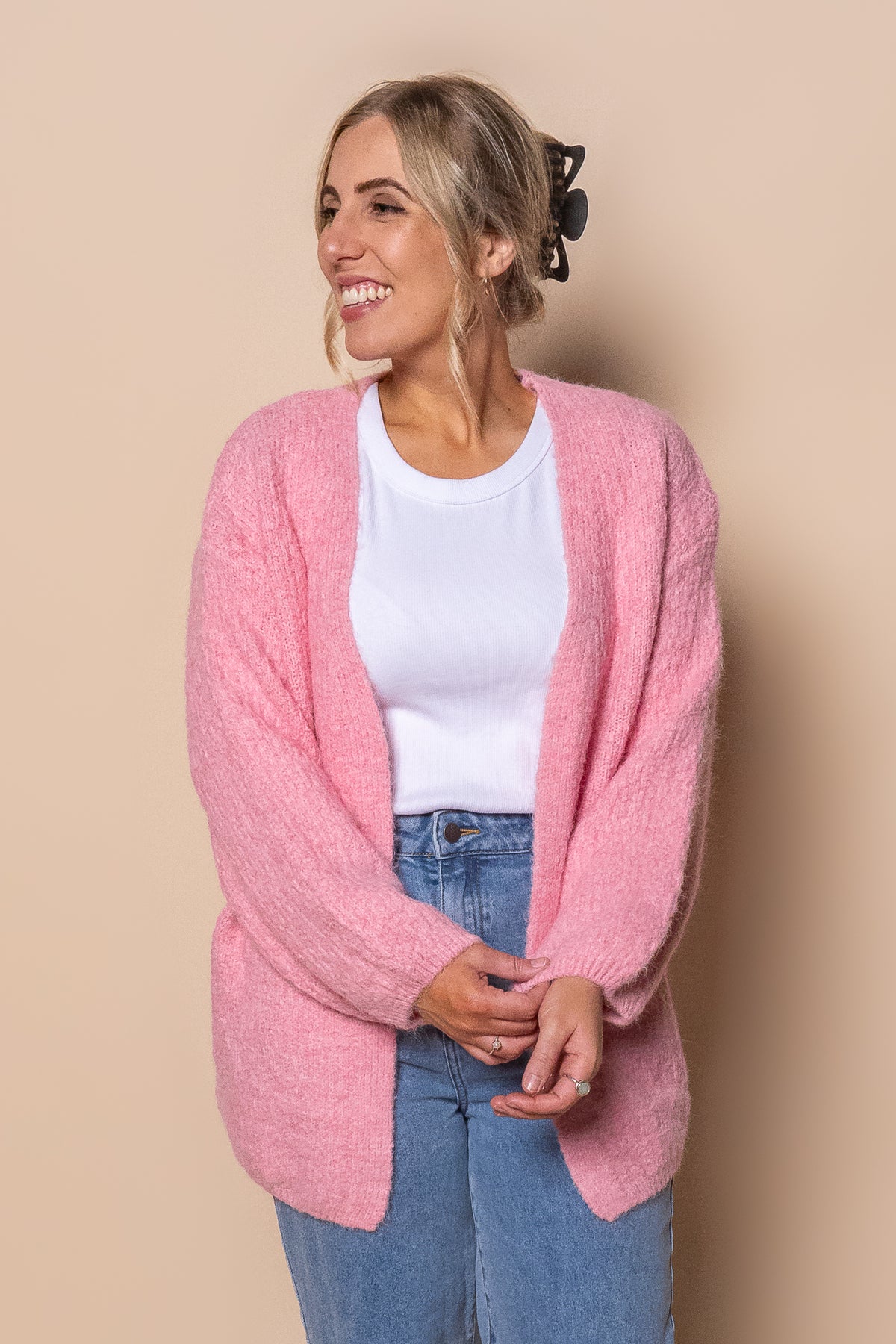 Mandie Boucle Knit Cardigan in Pink