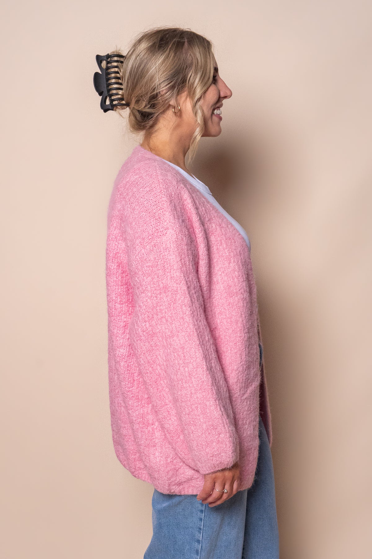 Mandie Boucle Knit Cardigan in Pink